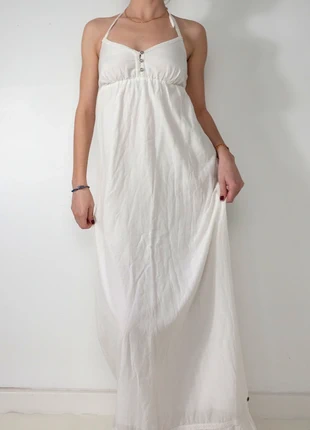 Robe longue blanche dos nu style bohème, légère et fluide avec petits boutons et liens à nouer, marque: Vintage Dressing, état: Très bon état, taille: XS / 34 / 6, 25,00 €, 26,95 € Protection acheteurs incluse