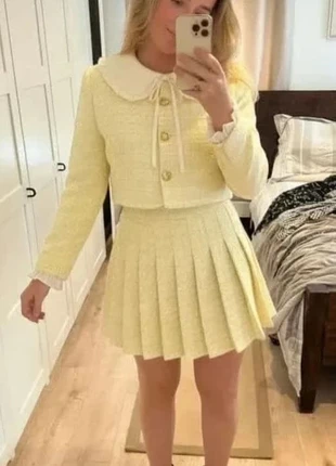 💛 ensemble jupe plissée & veste col dentelle – jaune pastel 💛, marque: Ellia Paris, état: Très bon état, taille: L / 40 / 12, 58,00 €, 61,60 € Protection acheteurs incluse