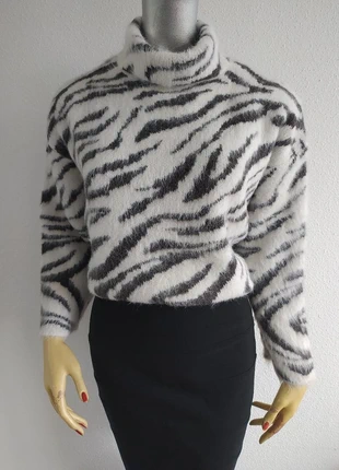 😍 Pull Oversize Maille Fourrure Col Montant Imprimé Animalier Blanc & Gris "H & M" T. XS/34, brand: H&M, condition: New without tags, size: XS / 34 / 6, €14.50, €15.93 includes Buyer Protection