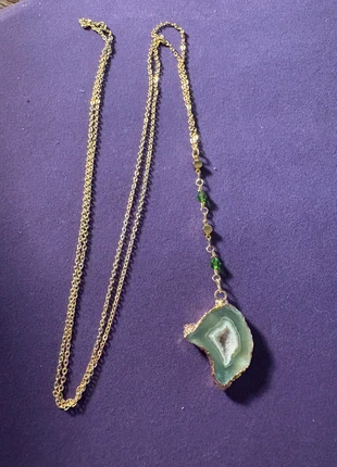 💚 Green Agate Geode Slice Necklace – Gold Plated Chain with Crystal Beads, condition: New with tags, £12.00, £13.30 includes Buyer Protection Pro