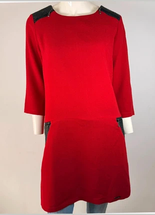 Robe rouge femme My Collection – détails simili cuir noir – manches 3/4 – taille L, merk: Vintage Dressing, staat: Heel goed, maat: L / 40 / 12, € 16,90, € 18,45 inclusief Kopersbescherming
