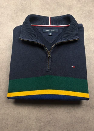 Pull half zip 1/4 zip Tommy Hilfiger bleu marine rayé col camionneur logo brodé - Taille XL, marque: Tommy Hilfiger, état: Très bon état, taille: XL, 22,00 €, 23,80 € Protection acheteurs incluse