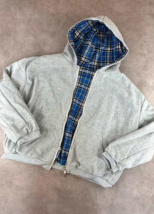 Gilet réversible oversize épais, zip Y2K en coton gris à motif carreaux bleus - Taille M, brand: Vintage Dressing, condition: Very good, size: M, €45.00, €47.95 includes Buyer Protection Pro