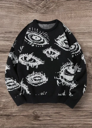 Pull Vintage Noir Blanc Yeux Gothiques Taille M - Grunge 90s Y2K Knit Streetwear Retro Oversize, marque: y2k, état: Très bon état, taille: M, 54,99 €, 58,44 € Protection acheteurs (Pro) incluse