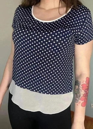 T-shirt bleu marine blanc Cache-Cache 38 / M / Medium / 10 - Fleurs Voilage Noeuds, brand: Cache Cache, condizioni: Ottime, taglia: M / IT 42 / EU 38, €1.50, €2.28 include la Protezione acquisti