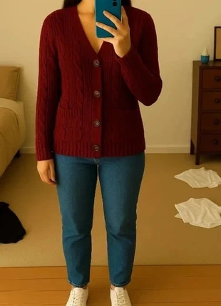 Gilet bordeaux en maille torsadée – doux, boutons façon bois, marque: Erem, état: Très bon état, taille: S / 36 / 8, 29,99 €, 32,19 € Protection acheteurs (Pro) incluse