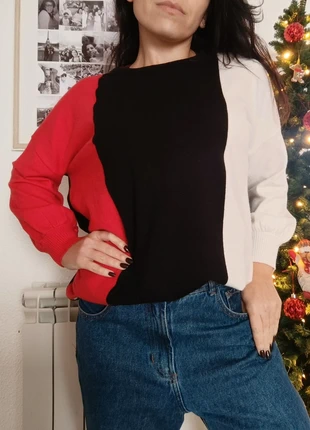 Vintage Color Block Sweater - Red, Black & White Jumper Boat Neck Size L, marca: Vintage Dressing, estado: Muito bom, tamanho: L / 40 / 12, €3.99, €4.89 inclui Proteção do Comprador