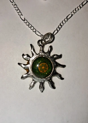 Sun Pendant Silvertone Necklace w/ Green Floral Inlay, condition: Very good, $20.00, $21.70 includes Buyer Protection