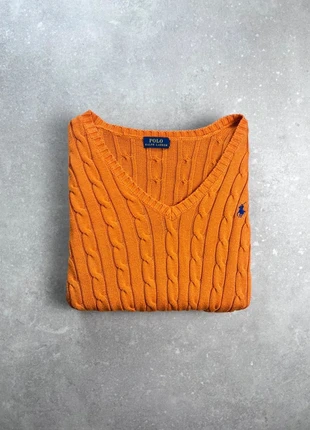 Pull Col V Ralph Lauren Torsadé Tressé Cable Knit Taille M Femme Orange Coton Logo Brodé Marine, merk: Ralph Lauren, staat: Heel goed, maat: M / 38 / 10, € 55,00, € 58,45 inclusief Kopersbescherming Pro
