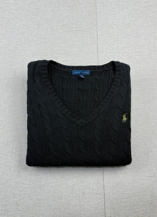 Pull torsadé col V Ralph Lauren noir logo vert kaki, taille L, brand: Ralph Lauren, condition: Very good, size: L / 40 / 12, €41.00, €43.75 includes Buyer Protection