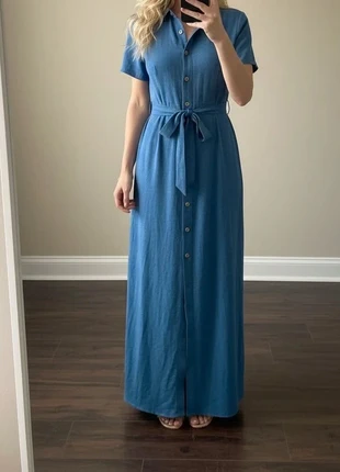 Robe chemise longue bleu vintage à boutons et ceinture, style rétro chic, staat: Heel goed, maat: S / 36 / 8, € 39,99, € 42,69 inclusief Kopersbescherming Pro