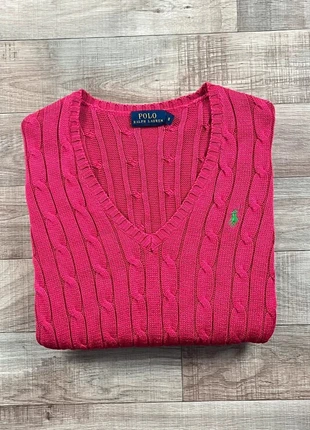 Pull torsadé rose fuchsia col V Ralph Lauren – cotton knit sweater – Femme S, marque: Polo Ralph Lauren, état: Très bon état, taille: S / 36 / 8, 45,00 €, 47,95 € Protection acheteurs incluse