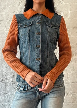 Vintage 00s Boom Boom blue denim jacket with orange ribbed sleeves, back & collar & button-up front, brand: Boom Boom, condition: Very good, size: L / UK 16-18, £75.00, £79.45 includes Buyer Protection