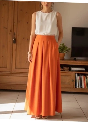 Jupe longue plissée orange élégante - taille haute fluide, estado: Muito bom, tamanho: M / 38 / 10, €34.90, €37.35 inclui Proteção do Comprador Pro