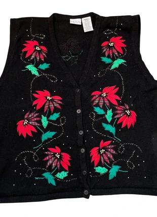Vintage Y2K knitted Christmas waistcoat Poinsettias lack red beaded Xmas 90’s, brand: Bobbie Brooks, condition: Very good, size: L / UK 16-18, £25.00, £26.95 includes Buyer Protection