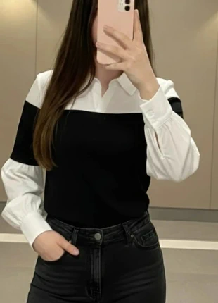 Haut bicolore noir et blanc col chemise manches bouffantes – Taille S, marque: Balneka, état: Très bon état, taille: S / 36 / 8, 34,90 €, 37,35 € Protection acheteurs incluse