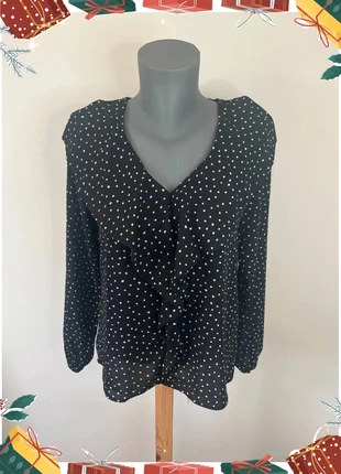 Blouse noire à pois blancs Jean Pascale T40 – neuve étiquette, volants élégants, chic intemporel, brand: Jean Pascale, condition: Very good, size: L / 40 / 12, €5.52, €6.50 includes Buyer Protection Pro