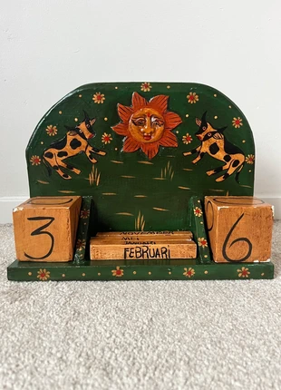 Vintage houten kalender, 27,5x21x8,5cm. Zon koe boho bohemian, brand: Fait Main, condizioni: Ottime, €34.95, €37.40 include la Protezione acquisti