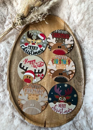 Set van 6 houten kerst onderzetters – rendier designs, marca: Merry Christmas, estado: Novo sem etiquetas, €4.00, €4.90 inclui Proteção do Comprador