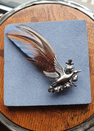 Broche en étain "canard en vol"avec feuilles chêne & glands et  plumes naturelles, estado: Nuevo sin etiquetas, 24,50 €, 26,43 € Protección al comprador incluida