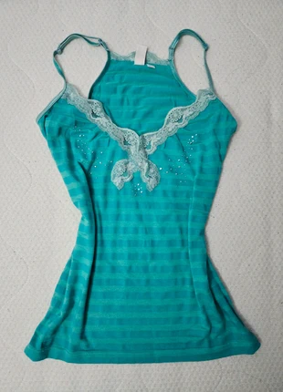 Bleu top caraco rayures strass dentelles mcbling vintage coquette y2k shoujo, marca: COQUETTE, estado: Muy bueno, tamaño: L / 40 / 12, 7,50 €, 8,58 € Protección al comprador incluida