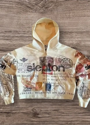 Sweat Y2K Zippé à Capuche Imprimé Timbres Anciens Voyage Vintage Beige Taille M, brand: y2k, condition: New without tags, size: M / 38 / 10, €70.00, €74.20 includes Buyer Protection