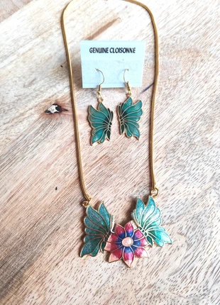 Ancienne parure cloisonnée fleur et papillon vert vintage rétro année 70-80, brand: Vintage Dressing, condition: Very good, €12.00, €13.30 includes Buyer Protection Pro