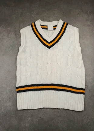 Pull torsadé tressé sans manches knit blanc jaune vintage 80's 90's Y2K old money taille L homme, brand: Vintage Dressing, condition: Very good, size: L, €18.00, €19.60 includes Buyer Protection Pro