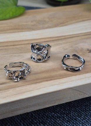 Lot de 3 bagues ajustables argentées style organique texturé | Retro Vintage Y2K, marque: CHROME, état: Neuf sans étiquette, taille: Ajustable, 10,99 €, 12,24 € Protection acheteurs incluse