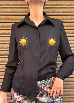 Black semitransparent striped blouse translucent - blusa negra semitransparente con rayas, vintage, marque: Edward'os, état: Très bon état, taille: M / 38 / 10, 14,00 €, 15,40 € Protection acheteurs incluse