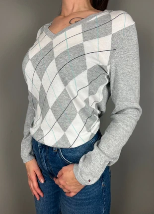 Pull col V Tommy Hilfiger gris à losanges argyle logo brodé - L femme - coton Pima LTH 511, marque: Tommy Hilfiger, état: Très bon état, taille: L / 40 / 12, 20,00 €, 21,70 € Protection acheteurs (Pro) incluse