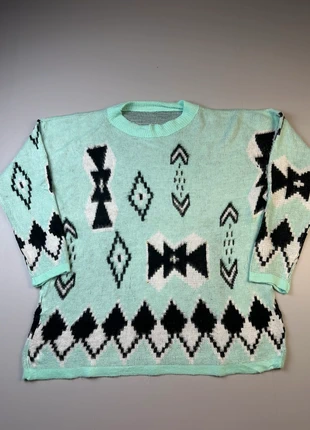 Lot P17 Pull vintage 90s bleu turquoise motifs graphiques - Taille XL Femme – Très bon état, brand: Vintage Dressing, condition: Very good, size: XL / 42 / 14, €8.90, €10.05 includes Buyer Protection