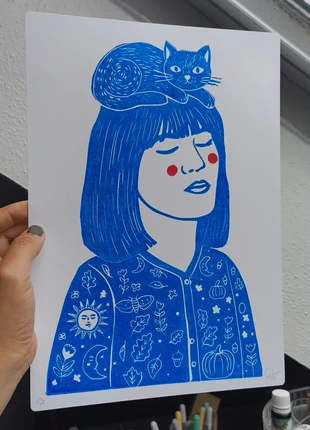 Linogravure fille blue chat, brand: Cecilia Carrión print, condition: Very good, €17.00, €18.55 includes Buyer Protection Pro