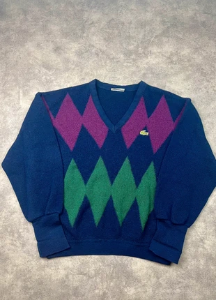 Pull Lacoste col V Vintage | Bleu marine, vert et violet | Taille L, marque: Lacoste, état: Très bon état, taille: L, 19,00 €, 20,65 € Protection acheteurs incluse
