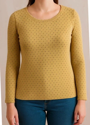 Haut moutarde à motifs et col rond – Divas – Taille 44 (XL), brand: DIVAS, condition: Very good, size: XL / 42 / 14, €8.00, €9.10 includes Buyer Protection