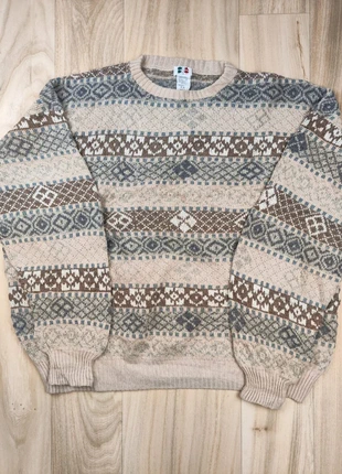 Pull jacquard vintage 80s, Y2K, Quadro Made in Italy, beige bleu, laine, taille XL homme, marque: Quadro, état: Très bon état, taille: XL, 18,00 €, 19,60 € Protection acheteurs (Pro) incluse