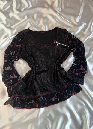 T-shirt asymétrique bi-matière en mesh et velours à zip - y2k gothic style, marque: Multiples, état: Très bon état, taille: L / 40 / 12, 16,00 €, 17,50 € Protection acheteurs (Pro) incluse