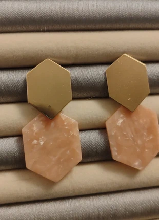 Trending Geometric Hexagon Drop Earrings | Matte Gold & Pastel Pink Marble Statement, brand: Oliver Bonas, condition: Very good, £8.20, £9.31 includes Buyer Protection