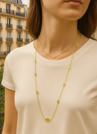 Collier sautoir en acier inoxydable plaqué or 18K – long 120 cm – style chic et intemporel, marque: mynelhan jewels, état: Neuf avec étiquette, 24,99 €, 26,94 € Protection acheteurs (Pro) incluse