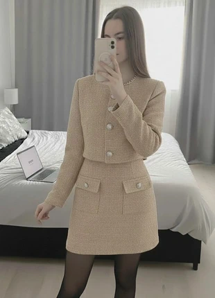 Ensemble jupe tailleur beige en tweed chic avec veste courte à boutons, marque: meiya, état: Très bon état, taille: S / 36 / 8, 63,90 €, 67,80 € Protection acheteurs incluse
