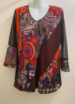 Blouse colorée manches transparentes imprimé graphique abstrait fleurs femme taille XL Emmapernelle, merk: Emma Pernelle, staat: Heel goed, maat: XL / 42 / 14, € 14,00, € 15,40 inclusief Kopersbescherming