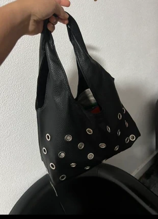Black leather shopper bag with grommets, brand: Vintage Love, condition: Very good, €48.00, €51.10 includes Buyer Protection