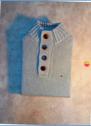 Pull d'hiver à boutons tommy Hilfiger gris logo brodé rouge pour homme taille S - 170cm, brand: Tommy Hilfiger, condition: Very good, size: S, €35.00, €37.45 includes Buyer Protection Pro