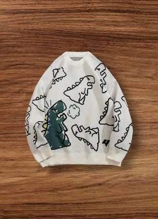 Pull Vintage Y2K Motifs Dinosaures Blanc Noir Taille L - Américain Old School USA 90s Streetwear, brand: Aesthetic, condition: Very good, size: L, €54.90, €58.35 includes Buyer Protection