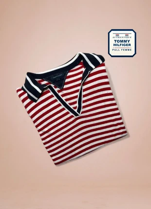 Pull Tommy Hilfiger® Authentique femme col V rayé rouge & blanc taille L Bon état THF1075, brand: Tommy Hilfiger, condition: Good, size: L / 40 / 12, €8.00, €9.10 includes Buyer Protection Pro