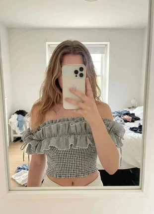 top bardot à volants en vichy noir et blanc #038, marca: Volant Poétique, estado: Muito bom, tamanho: M / 38 / 10, €29.99, €32.19 inclui Proteção do Comprador