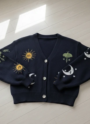 Gilet bleu marine motif soleil et lune, style bohème chic/Taille M, marque: Vintage, état: Très bon état, taille: M / 38 / 10, 63,00 €, 66,85 € Protection acheteurs incluse