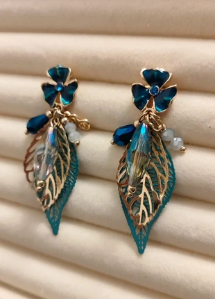 Jewel Tone Statement Earrings | Teal Flower & Iridescent Crystal Leaf Drops | Whimsical Evening Wear, brand: Oliver Bonas, condition: Very good, £8.36, £9.48 includes Buyer Protection