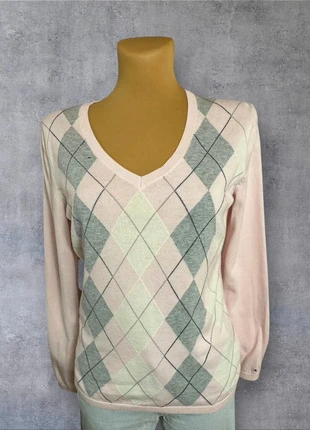 Pull col en v à carreaux Tommy Hilfiger rose gris blanc | Taille M | pf135, merk: Tommy Hilfiger, staat: Heel goed, maat: M / 38 / 10, € 7,95, € 9,05 inclusief Kopersbescherming Pro