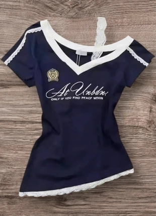 Top Collège Preppy Marine S Vintage Y2K V-Neck Dentelle Polyester 45cm, marque: y2k, état: Neuf sans étiquette, taille: S / 36 / 8, 40,00 €, 42,70 € Protection acheteurs incluse